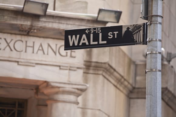 Wall Street sign in front of New York Stock Exchange.