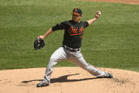 Baltimore Orioles starter Keegan Akin delivers a pitch during the first inning of a baseball game against the Chicago White Sox Sunday, May 30, 2021, in Chicago. (AP Photo/Paul Beaty)