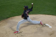 Cleveland Indians starter Triston McKenzie delivers a pitch during the first inning of a baseball game against the Chicago White Sox, Monday, April 12, 2021, in Chicago. (AP Photo/Paul Beaty)