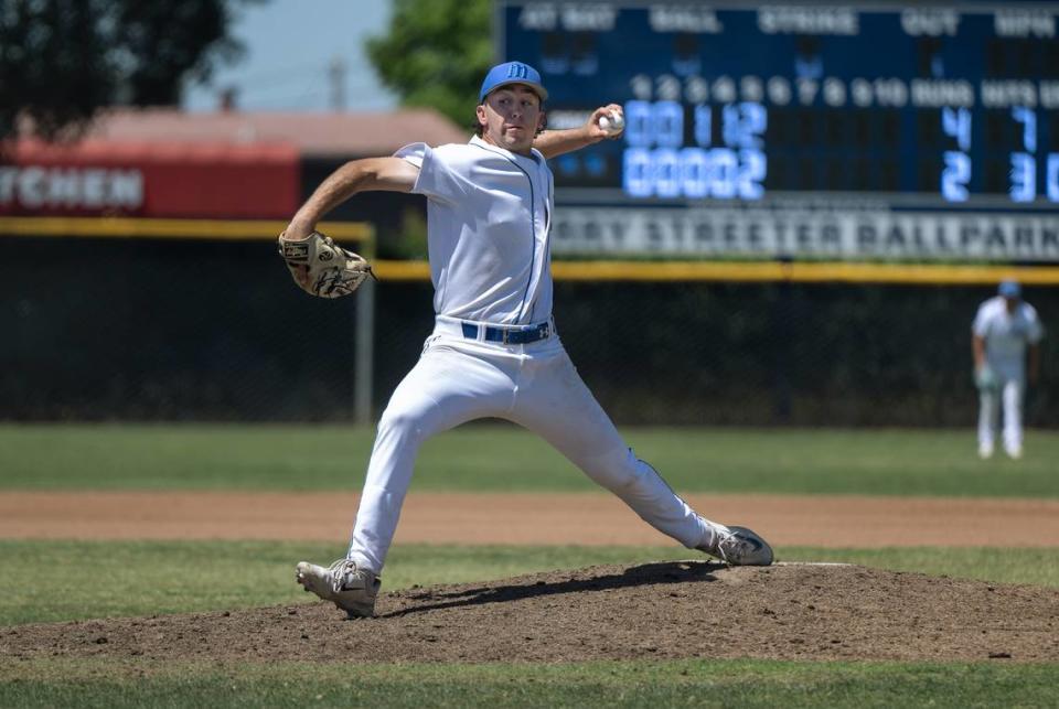 Modesto’s Gavin Farinha pitched a complete game victory over Sacramento City College in the 3C2A NorCal Regional playoff game at Modesto Junior College in Modesto, Calif., Friday, May 3, 2024. Modesto won the game 6-3. Andy Alfaro/aalfaro@modbee.com