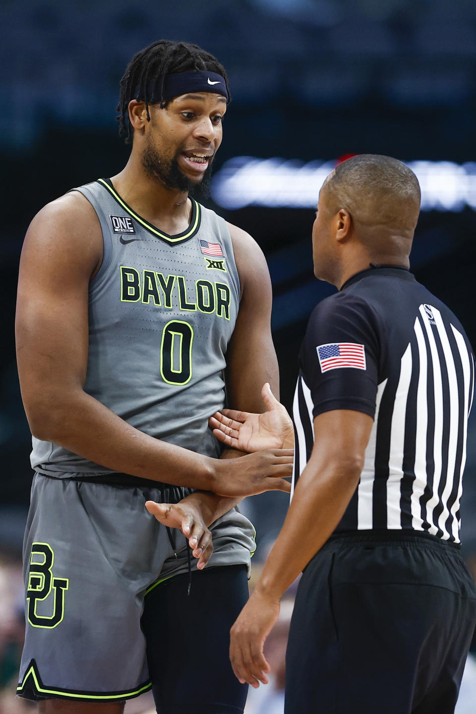 Baylor forward Flo Thamba (0) argues against a flop call during the second half of an NCAA college basketball game against Washington State on Sunday, Dec. 18, 2022, in Dallas. Baylor won 65-59. (AP Photo/Brandon Wade)