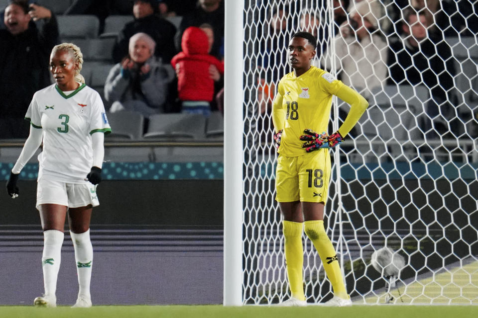 Zambia's goalkeeper Eunice Sakala reacts after Spain's Alba Redondo scored her side's third goal during the Women's World Cup Group C soccer match between Spain and Zambia at Eden Park in Auckland, New Zealand, Wednesday, July 26, 2023. (AP Photo/Abbie Parr)