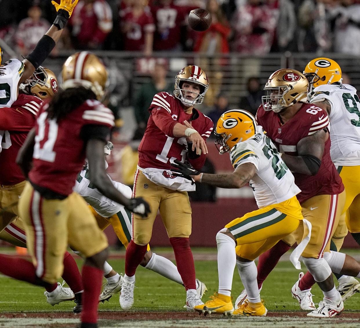 San Francisco 49ers quarterback Brock Purdy throws a pass during the third quarter of their NFC divisional playoff game Saturday, Jan. 20, 2024 at Levi's Stadium in Santa Clara, Calif.