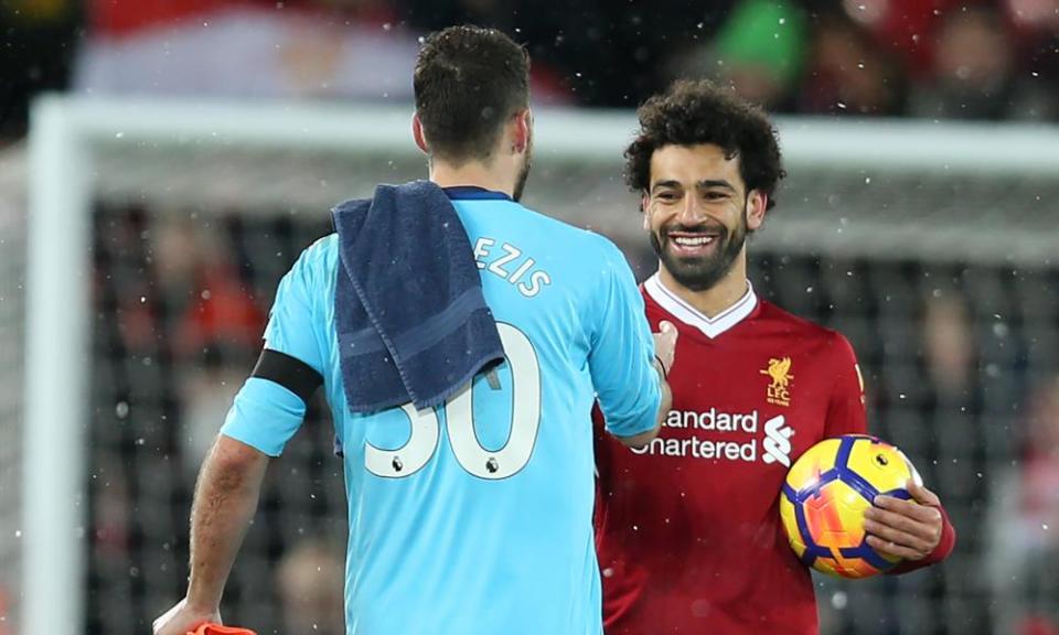 Mohammed Salah is congratulated by Watford’s Orestis Karnezis after his four goals.