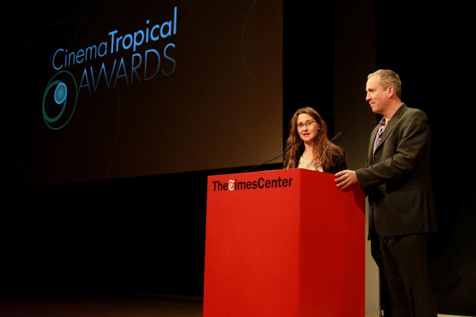 Cinema Tropical’s co-founders Mónika Wagenberg and Carlos A. Gutiérrez speak at the Cinema Tropical Awards.