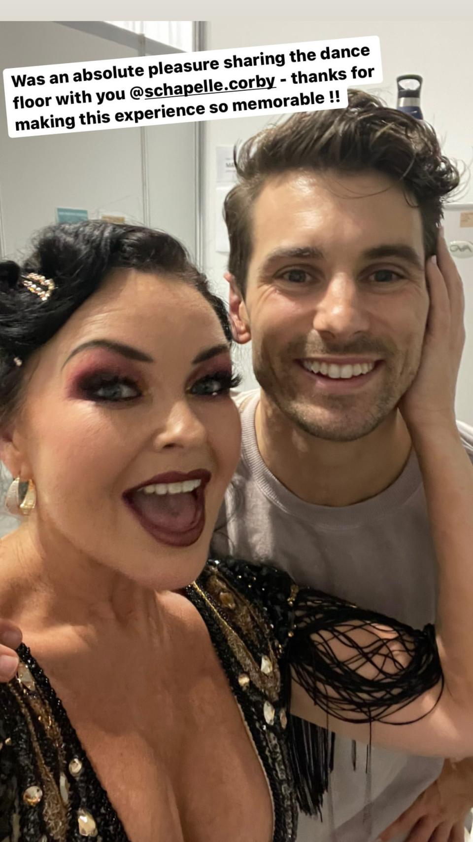 Matthew 'Matty J' Johnson poses fro a selfie with Schapelle Corby backstage on Dancing With The Stars 2021