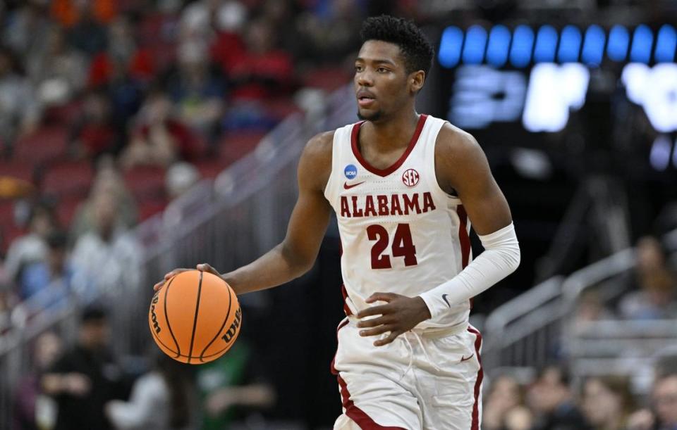 Alabama Crimson Tide forward Brandon Miller (24) dribbles during the second half of the NCAA tournament round of 16 game against the San Diego State Aztecs at KFC YUM! Center in Louisville, Ky., on March 24, 2023. If the Hornets don’t get Wembanyama, Miller would be a Top-4 option.