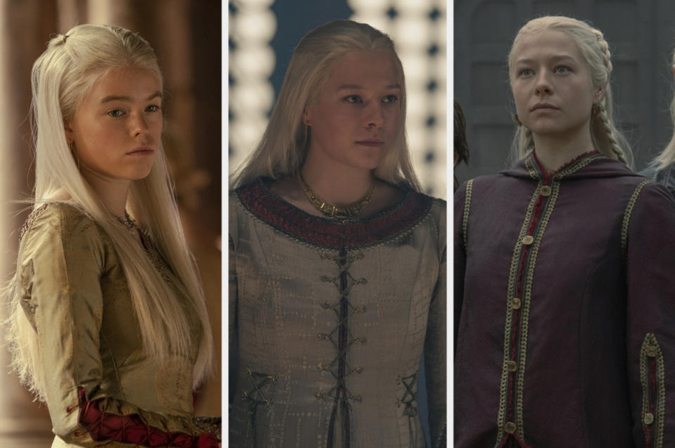 Rhaenyra as played by Milly Alcock and Emma D'Arcy at three different stages of her life