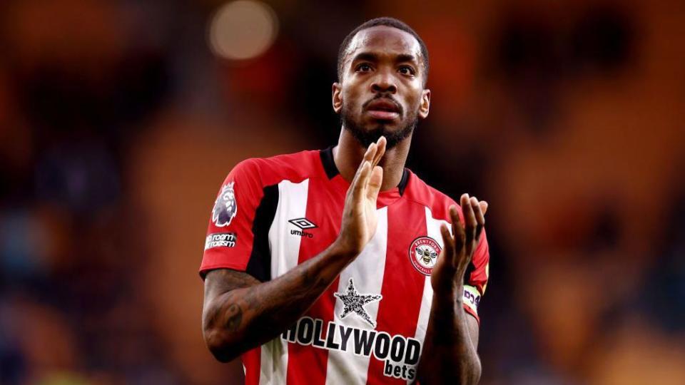 Ivan Toney of Brentford applauds the fans following the Premier League match between Wolverhampton Wanderers and Brentford FC at Molineux 