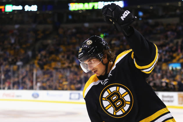 BOSTON, MA - FEBRUARY 22: Loui Eriksson #21 of the Boston Bruins celebrates after scoring against the Columbus Blue Jackets during the third period at TD Garden on February 22, 2016 in Boston, Massachusetts.The Blue Jackets defeat the Bruins 6-4. (Photo by Maddie Meyer/Getty Images)