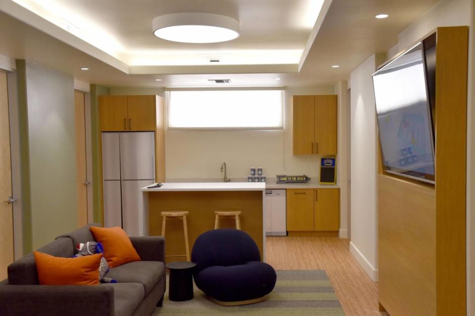 A mock-up of the suite common area in the proposed Munger Hall at UCSB. University officials say approval of the giant dormitory could come as early as summer 2023, with construction completed by 2026. Light panels would change throughout the day to replicate windows.