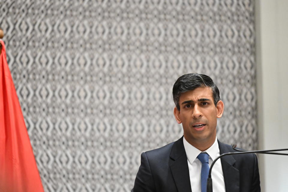 Britain's Prime Minister Rishi Sunak holds a press conference after meeting with U.S. President Joe Biden and a phone call to Ukraine President Volodymyr Zelenskyy, in Nusa Dua, Indonesia, Wednesday, Nov. 16, 2022. (Leon Neal/Pool Photo via AP)