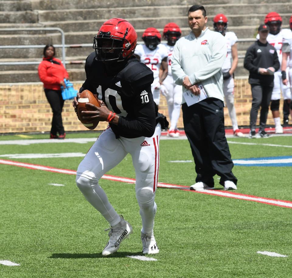 Jacksonville State quarterback Zion Webb scrambles in the pocket during the spring football game Saturday, April 9, 2022 in Jacksonville, Alabama. Ehsan Kassim/Gadsden Times.