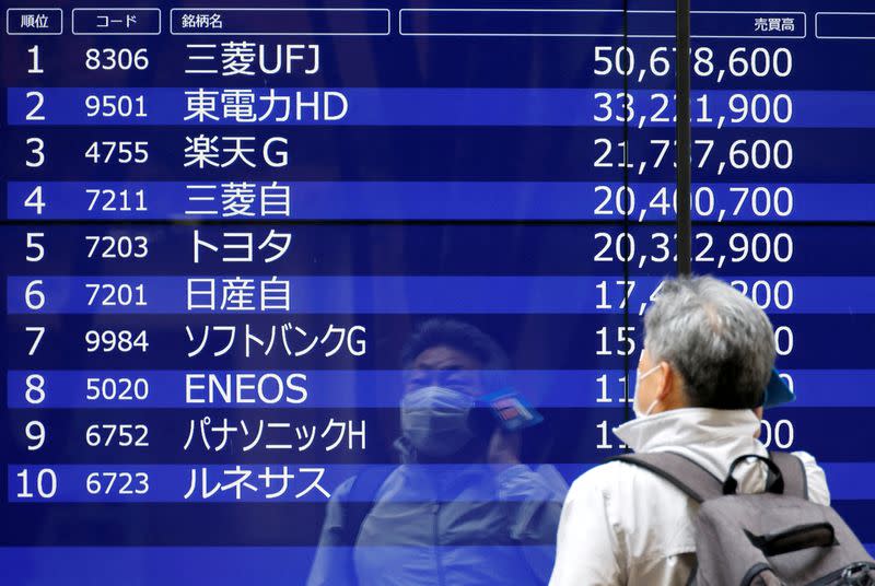 FILE PHOTO: A man is reflected on an electric monitor displaying a stock quotation board outside a bank in Tokyo