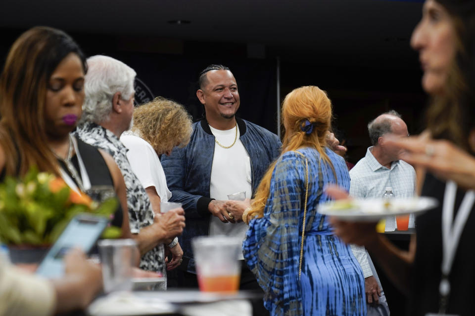 Detroit Tigers' Miguel Cabrera talks with guests at a Keeping Kids in the Game event at Comerica Park Thursday, Aug. 24, 2023, in Detroit. Cabrera, one of the greatest hitters of all time, is retiring after the Tigers wrap up their season Sunday, Oct. 1, 2023, and baseball’s last Triple Crown winner is leaving a lasting legacy in the game and his native Venezuela. (AP Photo/Paul Sancya)