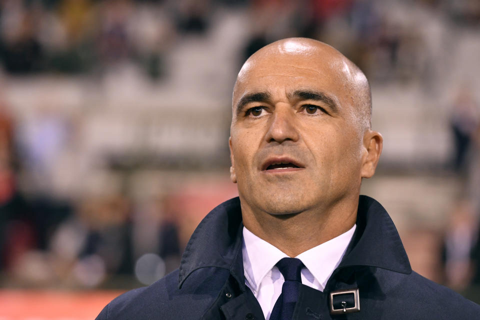 Belgium's coach Roberto Martinez during the Nations League soccer match between Belgium and Wales at the King Baudouin Stadium in Brussels, Thursday, Sept. 22, 2022. (AP Photo/Geert Vanden Wijngaert)