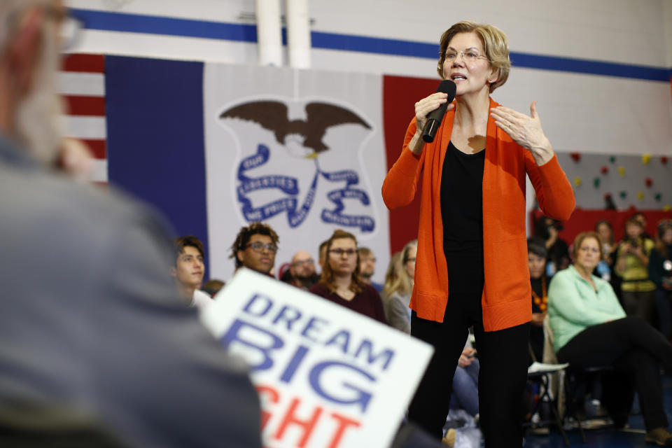 Democratic presidential candidate Sen. Elizabeth Warren, D-Mass., speaks during a campaign event, Sunday, Jan. 12, 2020, in Marshalltown, Iowa. (AP Photo/Patrick Semansky)