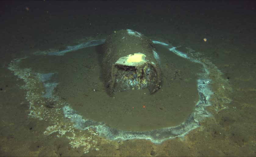 A discarded, leaking barrel 3,000 feet deep on the ocean floor near Santa Catalina Island. (David Valentine/ROV Jason)