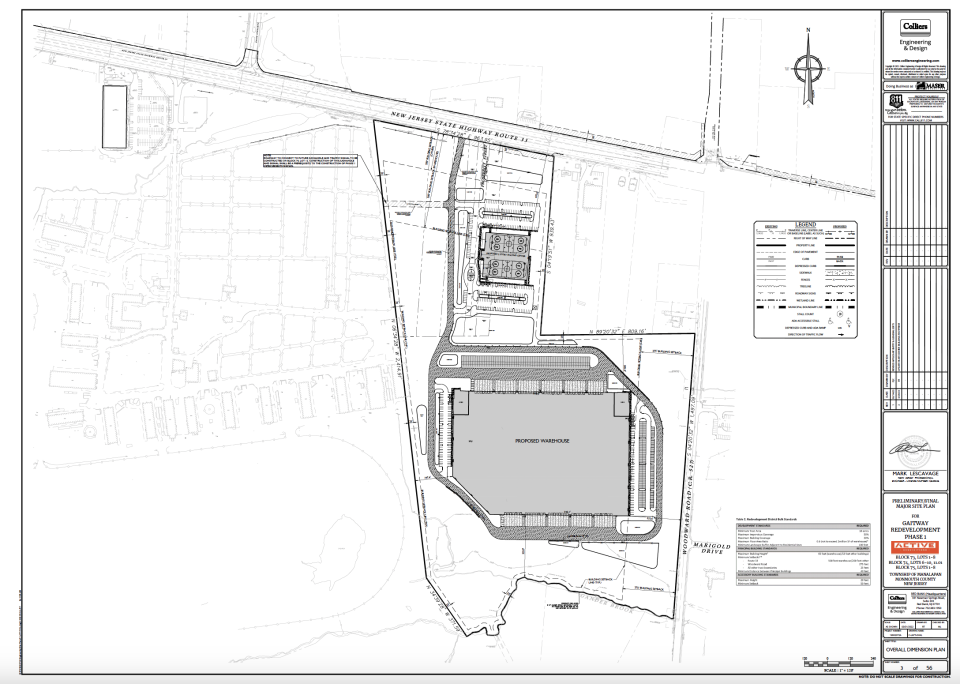 Site plan for a 555,596-square-foot speculative warehouse and 55,003-square-foot skating center proposed for Gaitway Farm in Manalapan.