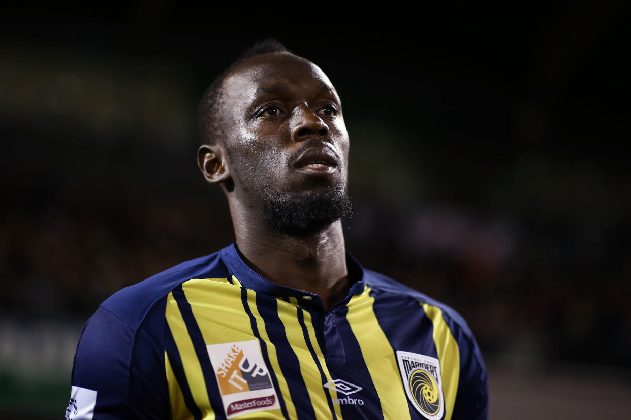 Usain Bolt during the pre-season friendly match between the Central Coast Mariners and Macarthur South West United at Campbelltown Sports Stadium on October 12, 2018 in Sydney, Australia.