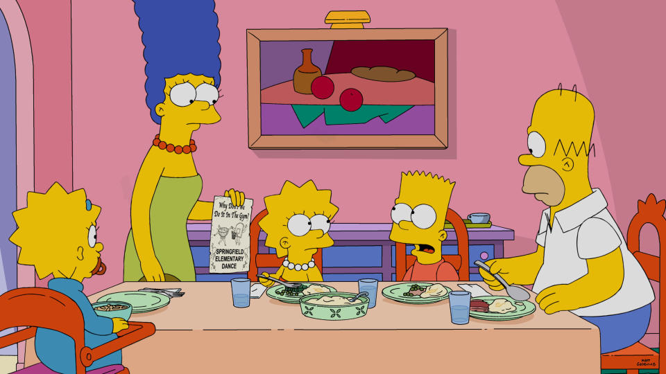 The Simpsons family (Marge, Homer, Lisa, Bart, and Maggie) are having a meal at the dinner table. Marge holds a piece of paper, and everyone looks concerned