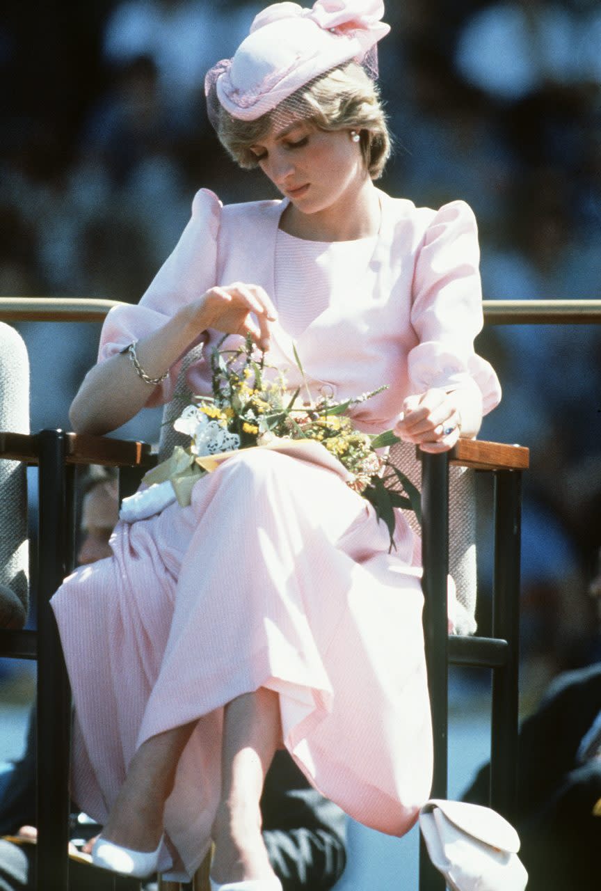 MAITLAND, AUSTRALIA - MARCH 29: Diana, Princess of Wales, wearing a pale pink dress designed by Catherine Walker with a matching archer style hat, visits Maitland on March 29, 1983 in New South Wales, Australia. (Photo by Anwar Hussein/Getty Images)
