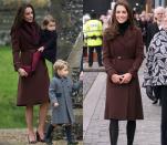 <p>Kate has worn the Hobbs London Celeste coat several times over the years. She's pictured here on Christmas Day 2016 and during a visit to Liverpool on Valentines Day in 2012.</p>