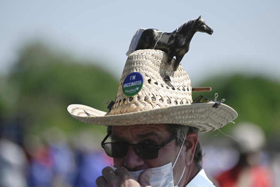 A vaccination pin is seen on a man's hat during the Preakness Stakes horse race at Pimlico Race Course, Saturday, May 15, 2021, in Baltimore. (AP Photo/Nick Wass)
