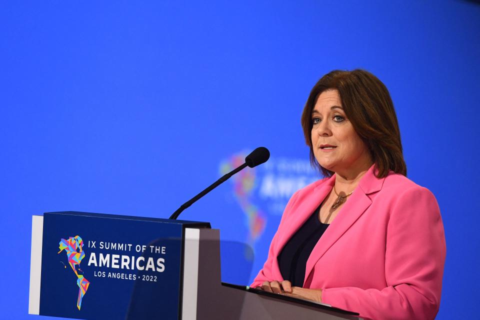 CEO of the US Chamber of Commerce, Suzanne Clark, speaks during plenary session of the 9th Summit of the Americas in Los Angeles, California, June 10, 2022. (Photo by Patrick T. FALLON / AFP) (Photo by PATRICK T. FALLON/AFP via Getty Images)