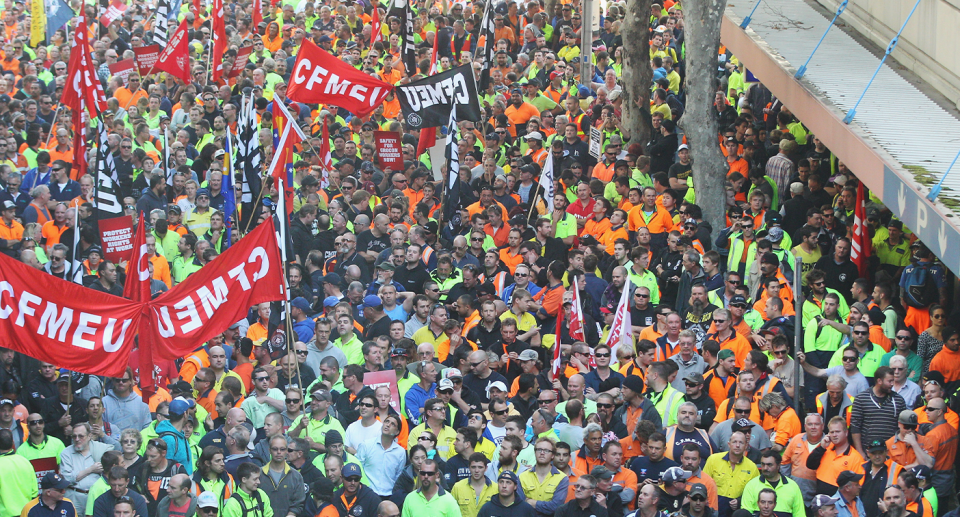 A CFMEU march in the city centre of Melbourne.