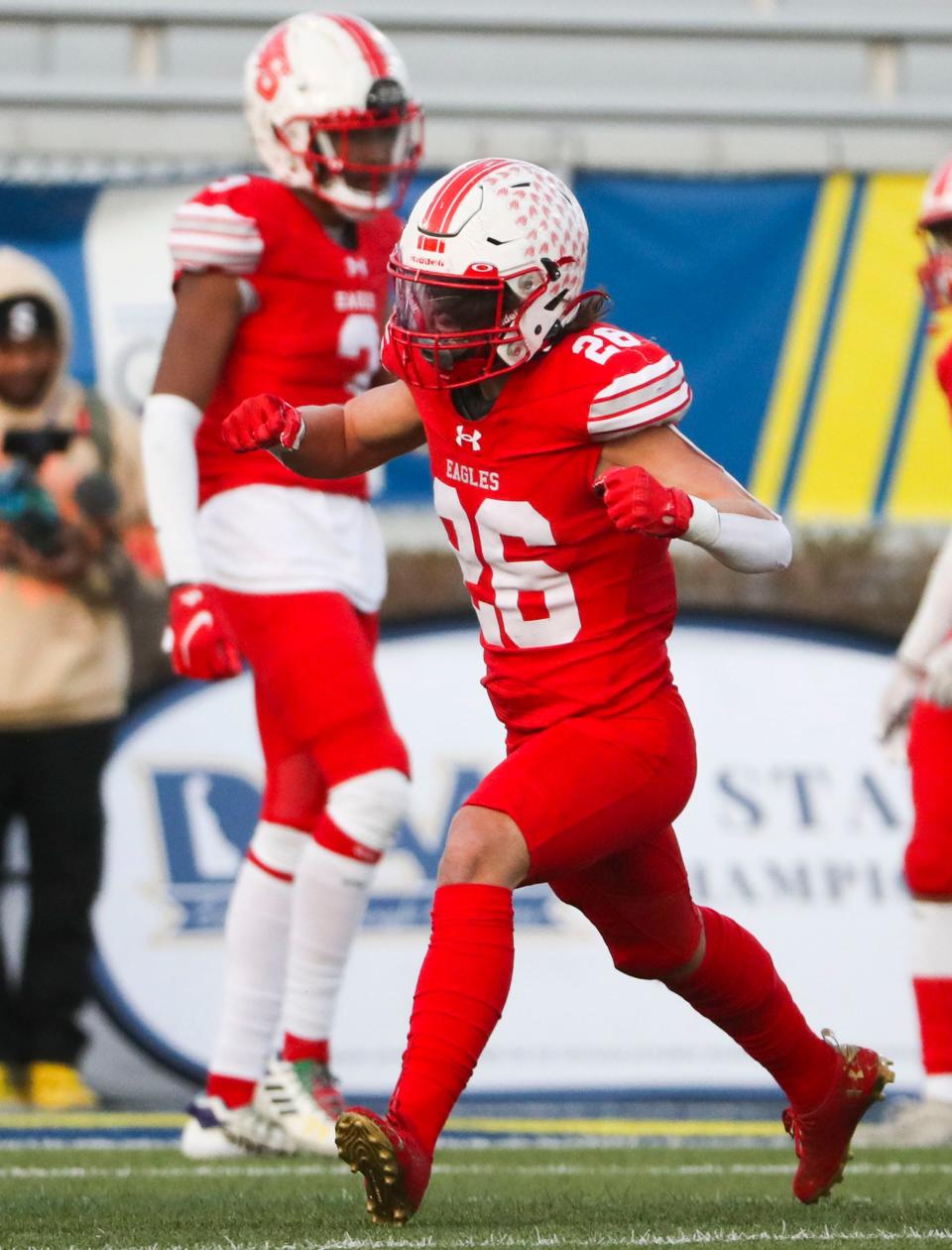 Smyrna's Brandon West reacts to a stop in the second quarter of the DIAA Class 3A championship at Delaware Stadium, Saturday, Dec. 10, 2022.