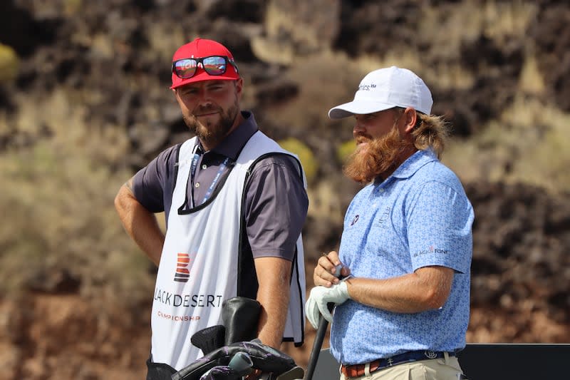 Zac Blair, right, and his caddie, during a break in the first round of the Black Desert Championship Thursday, Oct. 10, 2024, in Ivins, Utah. | Randy Dodson, Fairways Media