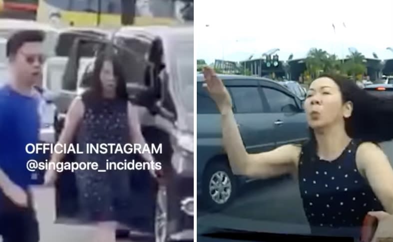 A woman allegedly involved in a road rage incident at Tuas Second Link was caught on camera in several viral videos. (SCREENSHOTS: @singapore_incidents Instagram/Mhzq Ziq Facebook)
