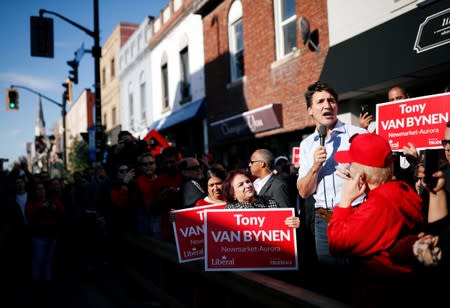 Liberal leader and Canadian Prime Minister Justin Trudeau attends an election campaign visit to Richmond Hill near Toronto