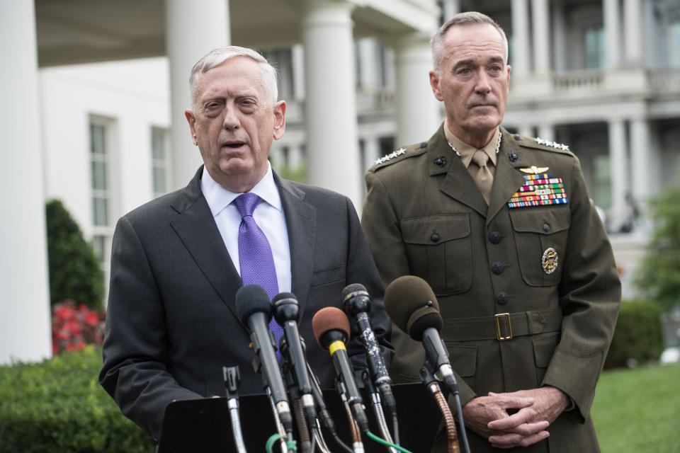 Mattis with Gen. Joseph Dunford, chairman of the Joint Chiefs of Staff, in September 2017. (Photo: Nicholas Kamm/AFP/Getty Images)