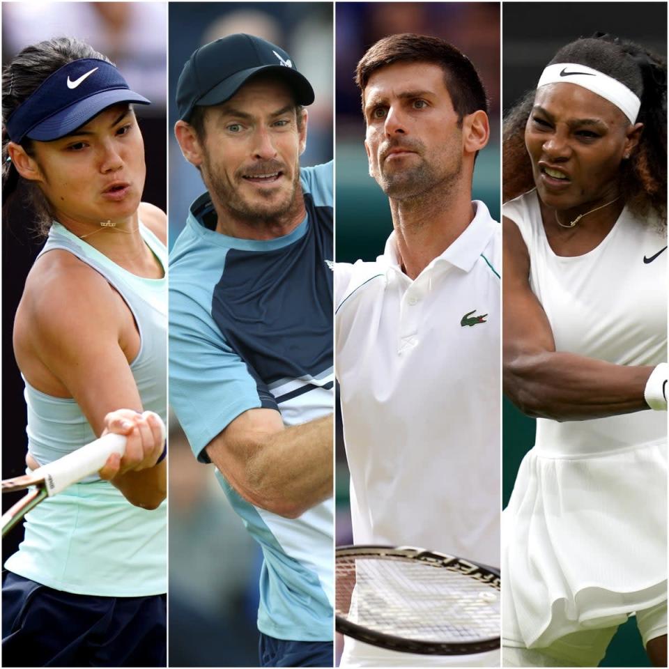 Emma Raducanu (left), Andy Murray (second left), Novak Djokovic (second right) and Serena Williams (Tim Goode/Nigel French/John Walton/Adam Davy/PA)