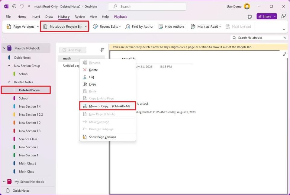 OneNote recover pages