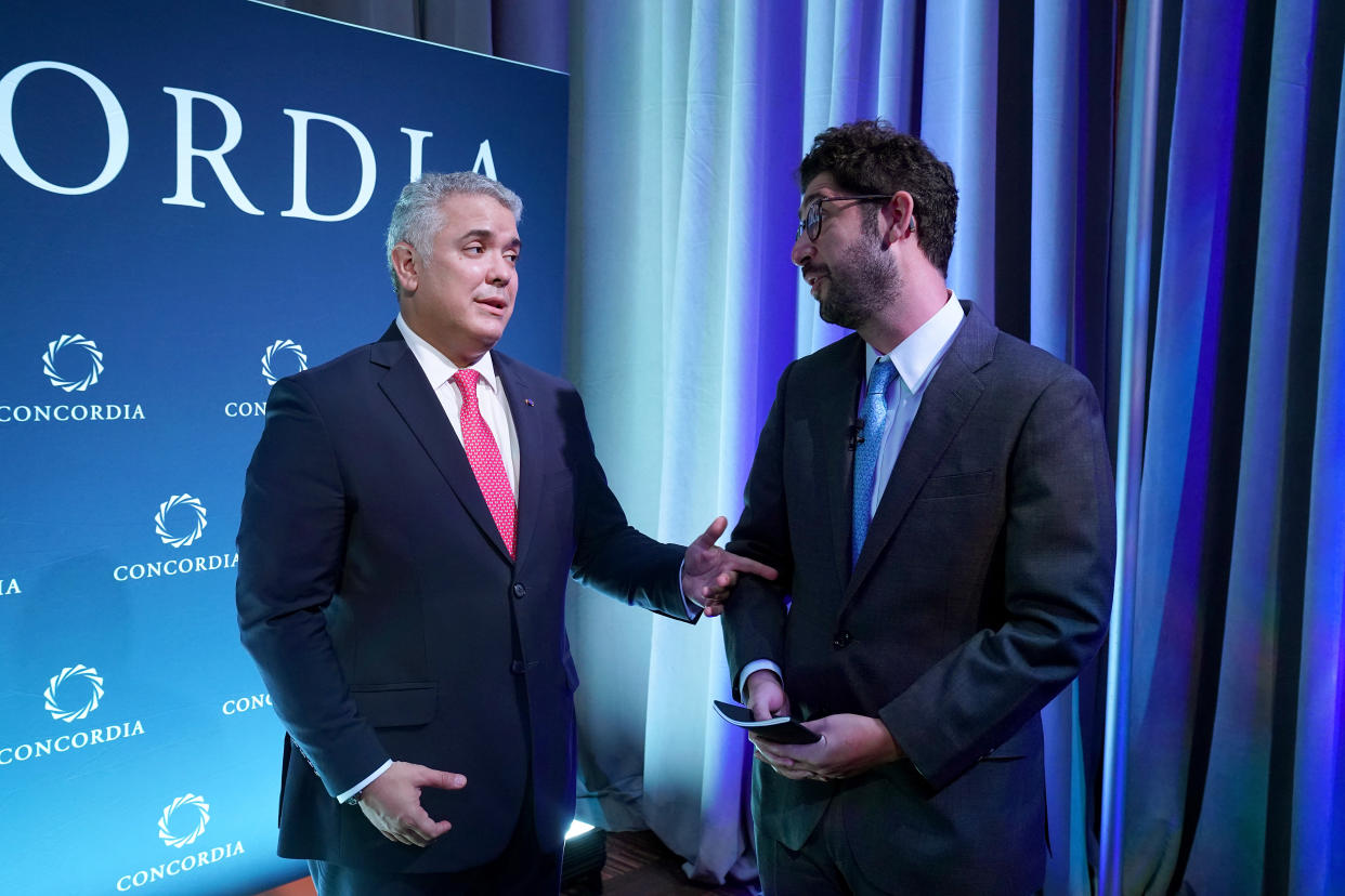 NEW YORK, NEW YORK - SEPTEMBER 21: Iván Duque Márquez, President, Republic of Colombia and Sam Jacobs, Deputy Editor, TIME Magazine attend the 2021 Concordia Annual Summit - Day 2 at Sheraton New York on September 21, 2021 in New York City. (Photo by Riccardo Savi/Getty Images for Concordia Summit)