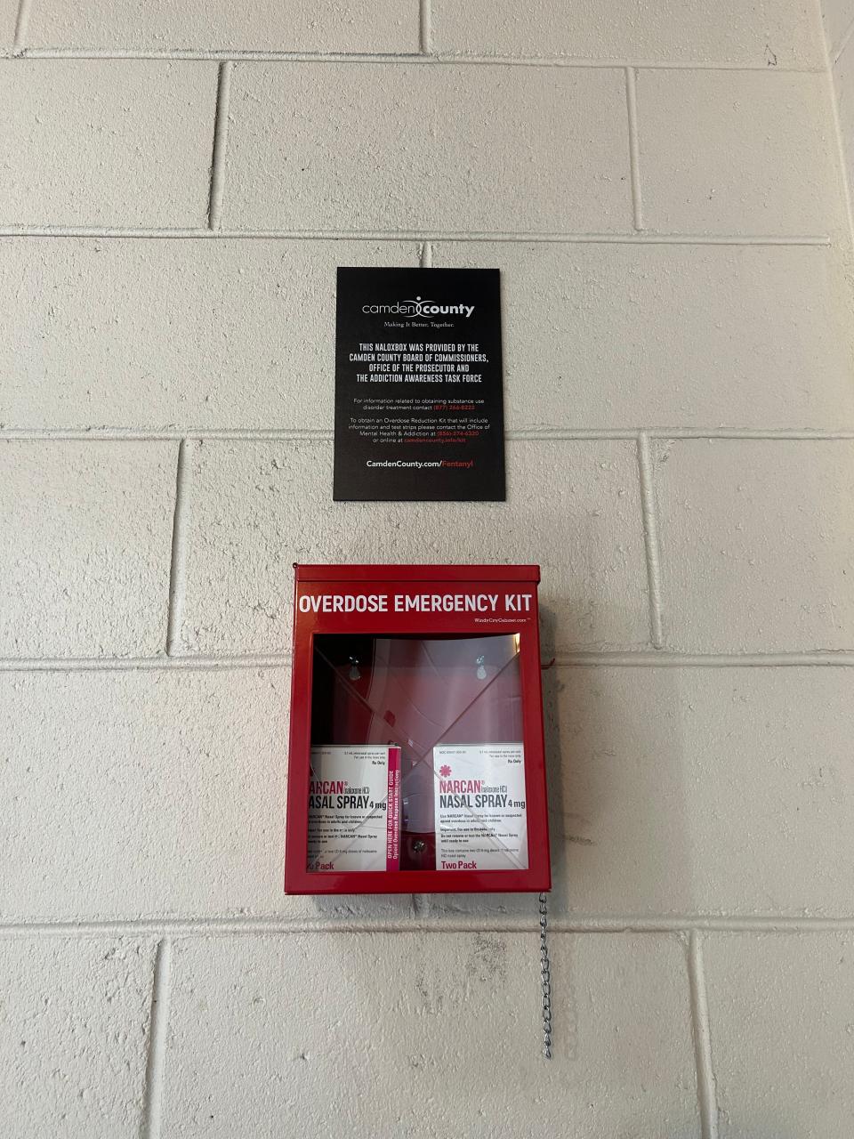 Two Narcan kits are in a box in the women's restroom at Cooper River Park. Camden County is adding the overdose antidote to some of its parks.