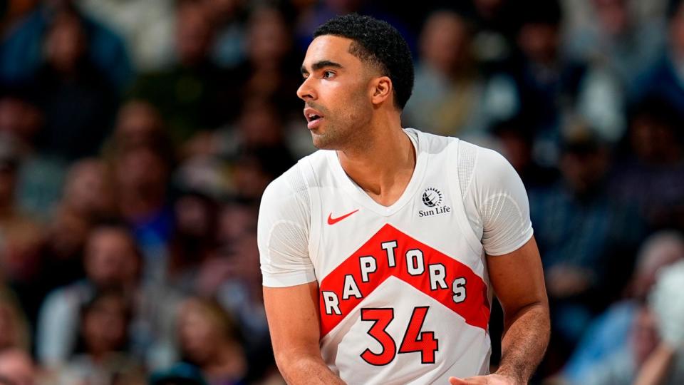 PHOTO: Toronto Raptors center Jontay Porter in the first half of an NBA basketball game on March 11, 2024, in Denver.  (David Zalubowski/AP, FILE)