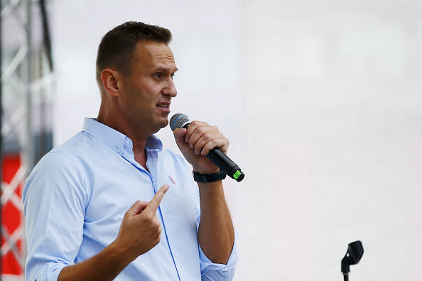 A file photo dated July 20, 2019 shows Russian opposition leader Alexei Navalny during a rally in support of opposition and independent candidates after authorities refused to register them for September elections to the Moscow City Duma in Moscow, Russia.