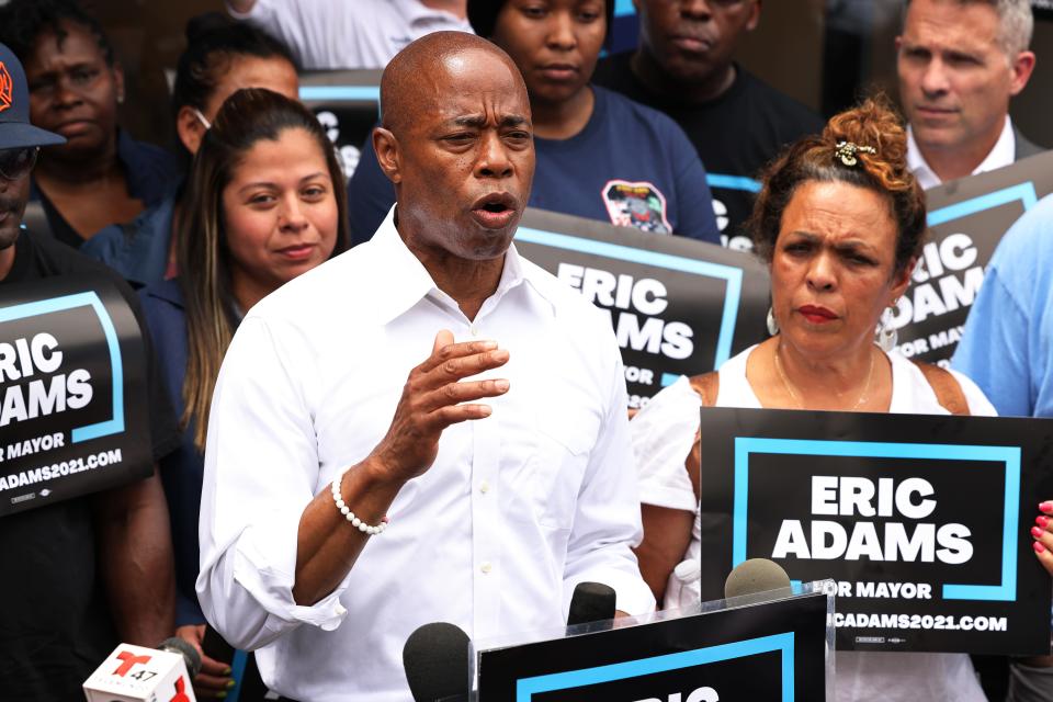 New York City mayoral candidate Eric Adams speaks during a Get Out the Vote rally on June 21, 2021.