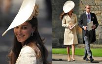 <p>Back in 2011, when Zara Tindall, then Phillips, wed Mike Tindall, almost the entire royal family attended. For the occasion, the Duchess of Cambridge wore a pale gold, embroidered coat dress from DAY Birger et Mikkelsen that she’d had in her wardrobe for a few years. In 2006, she was photographed wearing it to the wedding of Laura Parker Bowles and Harry Lopes. The Duchess’ statement hat came from <a rel="nofollow noopener" href="http://www.ginafoster.co.uk/" target="_blank" data-ylk="slk:Gina Foster Millinery;elm:context_link;itc:0;sec:content-canvas" class="link ">Gina Foster Millinery</a>. <em>(Photo: PA)</em> </p>