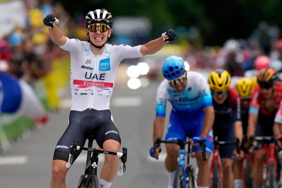 Tadej Pogacar won stage six of the Tour de France to move into the yellow jersey (Thibault Camus/AP) (AP)