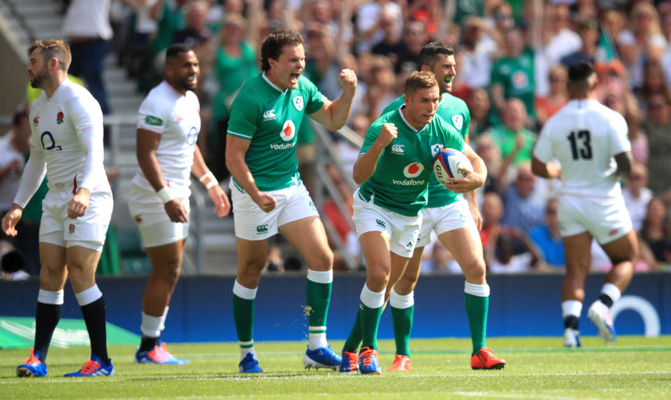 Ireland's Jordan Larmour celebrates scoring his side's first try of the game during the Quilter International match at Twickenham Stadium, London. (Photo by Adam Davy/PA Images via Getty Images)