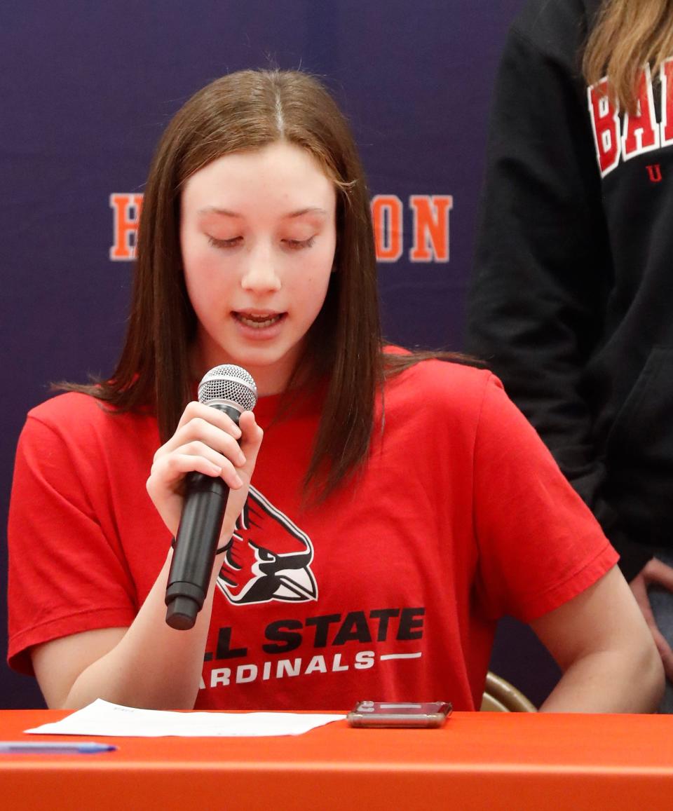 Harrison Raider Lauren Fecher signs to Ball State for swimming during signing day, Wednesday, Nov. 8, 2023, at Harrison High School in West Lafayette, Ind.