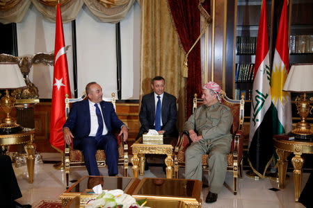 Turkey's Foreign Minister Mevlut Cavusoglu meets with Iraq's Kurdistan region's President Massoud Barzani in Erbil, Iraq, August 23, 2017. REUTERS/Azad Lashkari