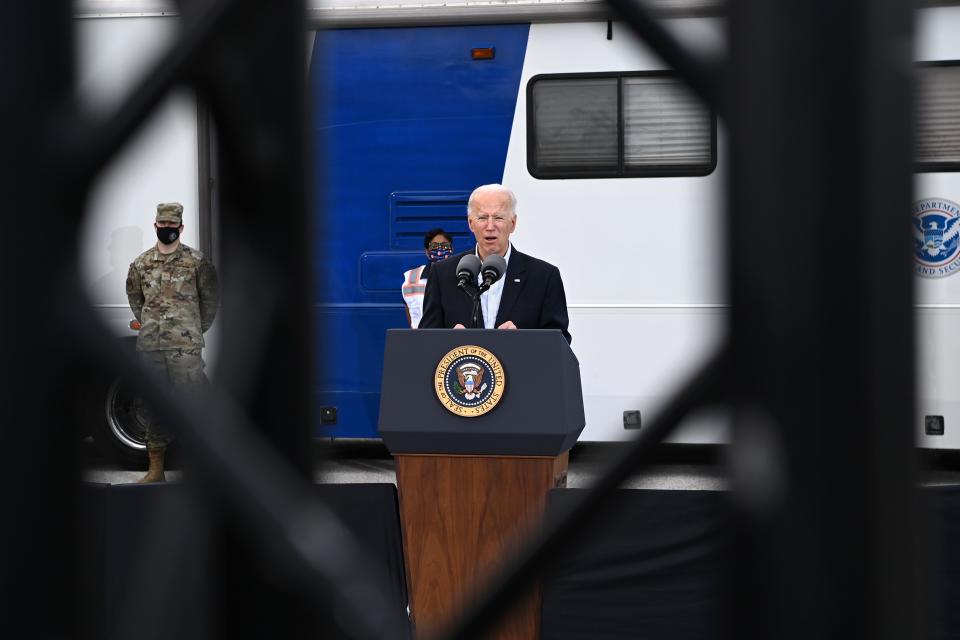 President Joe Biden speaks after visiting a FEMA Covid-19 vaccination facility at NRG Stadium in Houston, Texas on 26 February, 2021. (Photo by MANDEL NGAN / AFP) (Photo by MANDEL NGAN/AFP via Getty Images)AFP via Getty Images