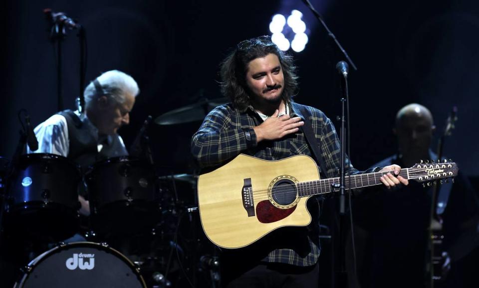 Deacon Frey acknowledges the applause of fans after singing one of the Eagles’ opening numbers at Spectrum Center in Charlotte, NC on Tuesday, November 7, 2023. The band is performing “The Long Goodbye” tour.