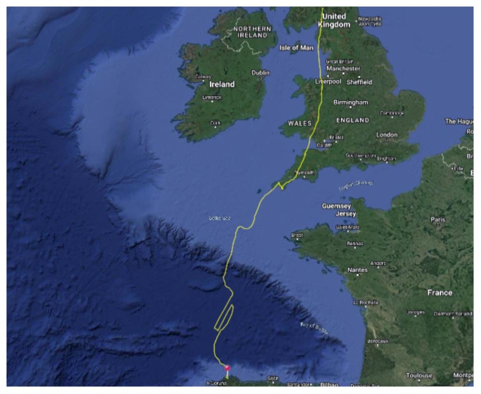 Glen’s migration route, which shows some unusual straight lines and 90 degree angles for part of his flight which appear to mark when he was onboard multiple boats (Conservation Without Borders/PA)